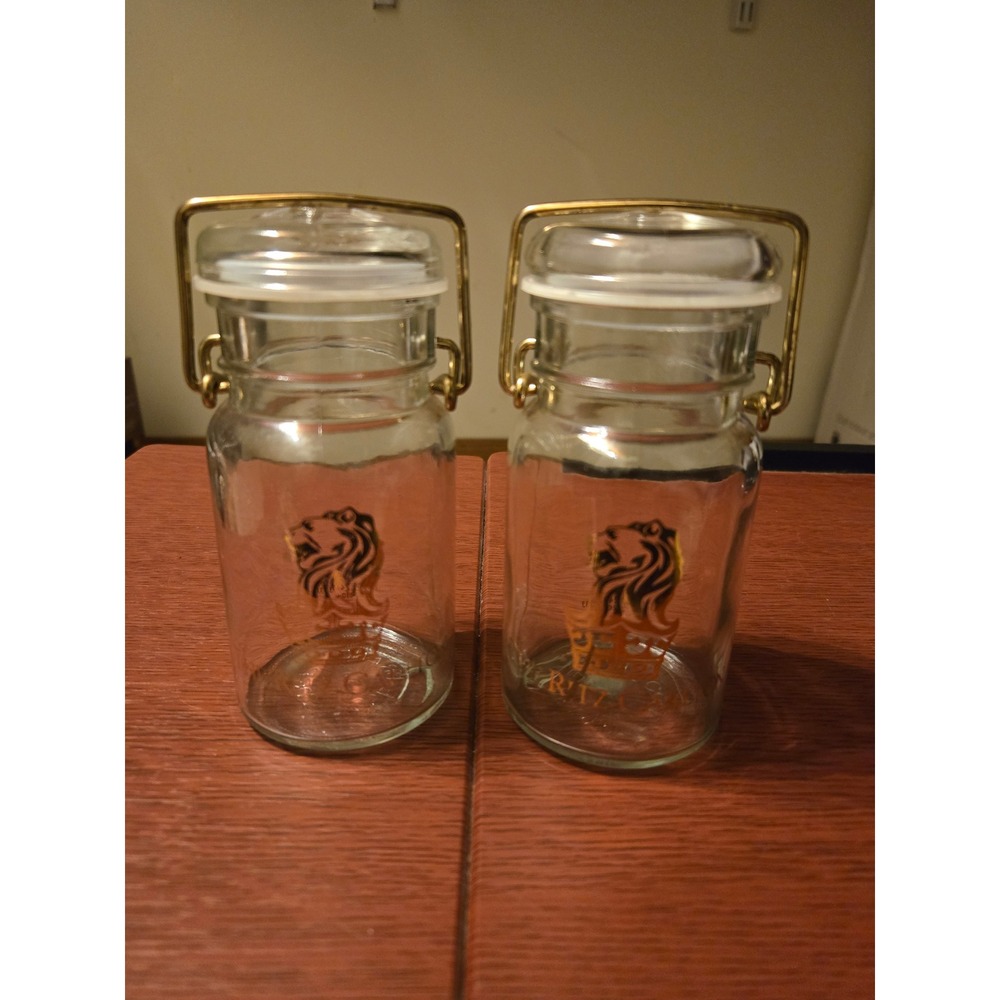 Ritz-Carlton Glass‎ Jars Set of 2 Lion Logo Gold Wire Bail Lid Spice Apothecary